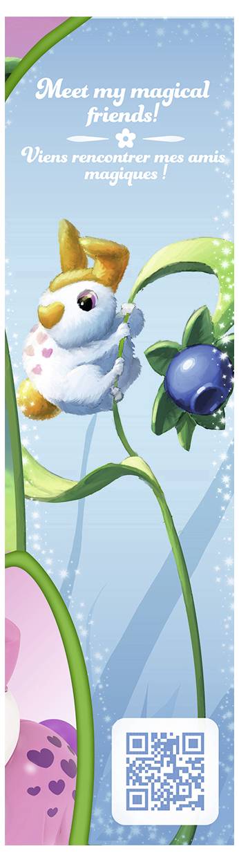 Małe, białe stworzonko fantasy wisi na łodydze rośliny obok jagody. Tekst: 'Poznaj moich magicznych przyjaciół!' i kod QR.
