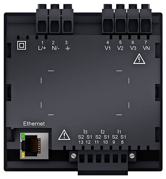 Urządzenie elektroniczne z gniazdem Ethernet oraz wieloma portami górnymi i dolnymi. Widoczne są opisy złączy elektrycznych.