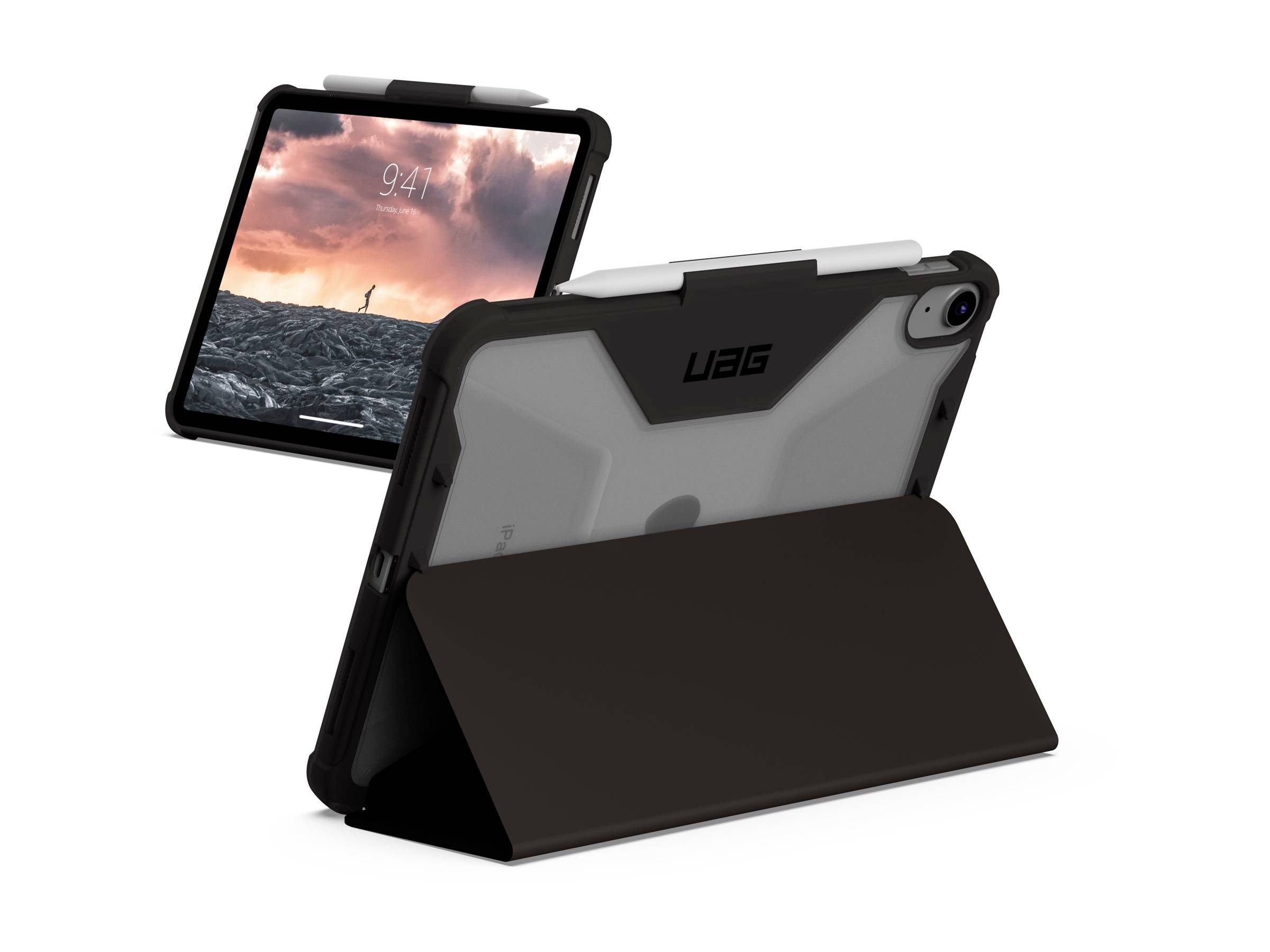 Dwa tablety w etui ochronnych, jeden stojący i jeden leżący, pokazują funkcję ochronną dla urządzeń.