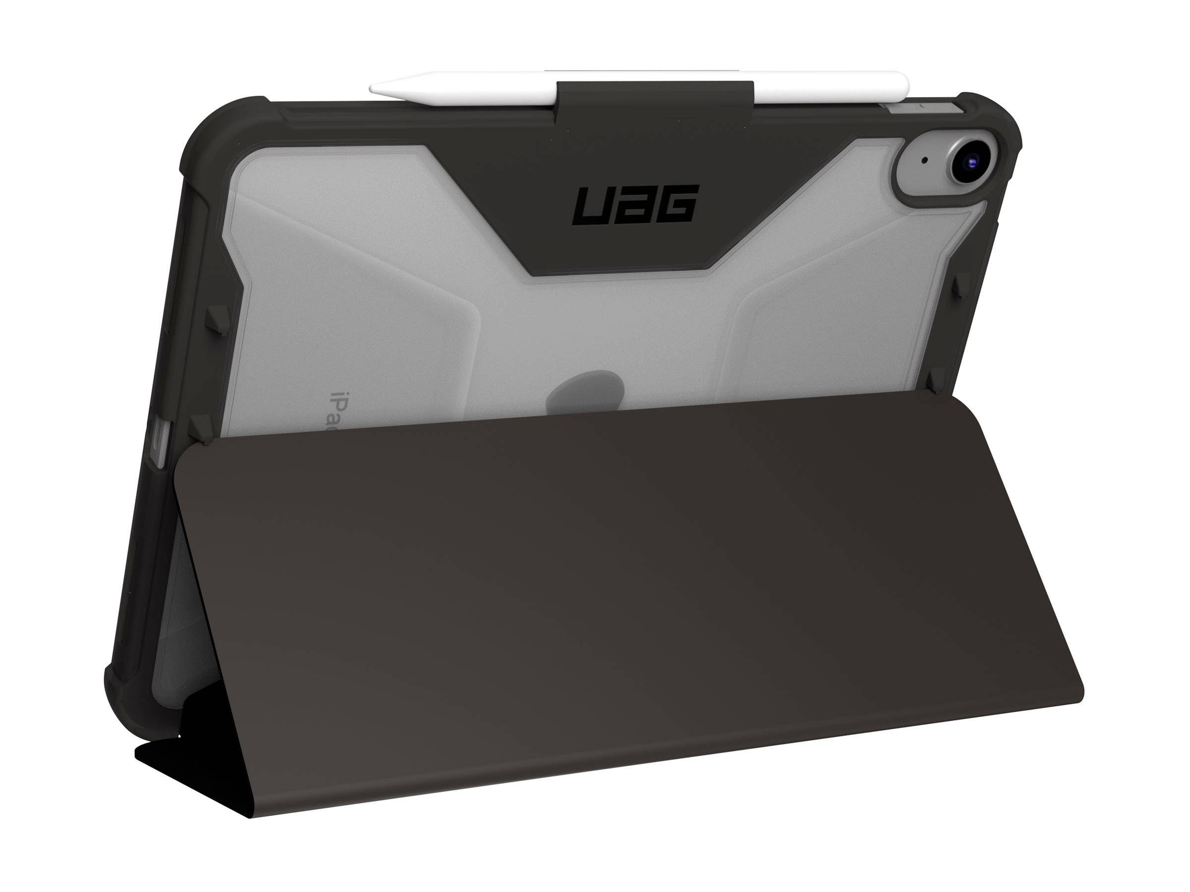 Tablet w wytrzymałej obudowie UAG z dołączonym rysikiem, ustawiony w orientacji poziomej.