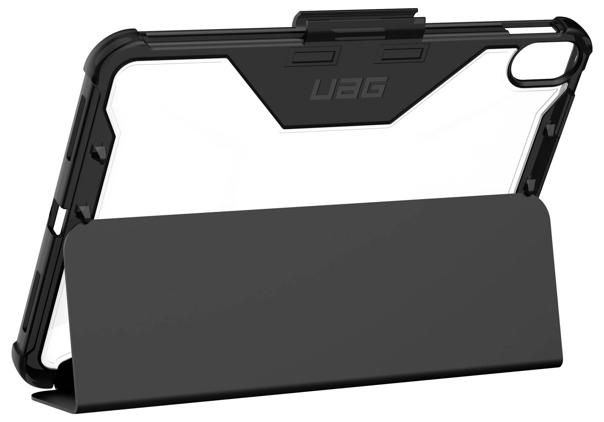 Etui do tabletu ze zintegrowaną podstawką, która utrzymuje urządzenie w orientacji poziomej, czarny i przezroczysty design zapewniający ochronę i stabilność.