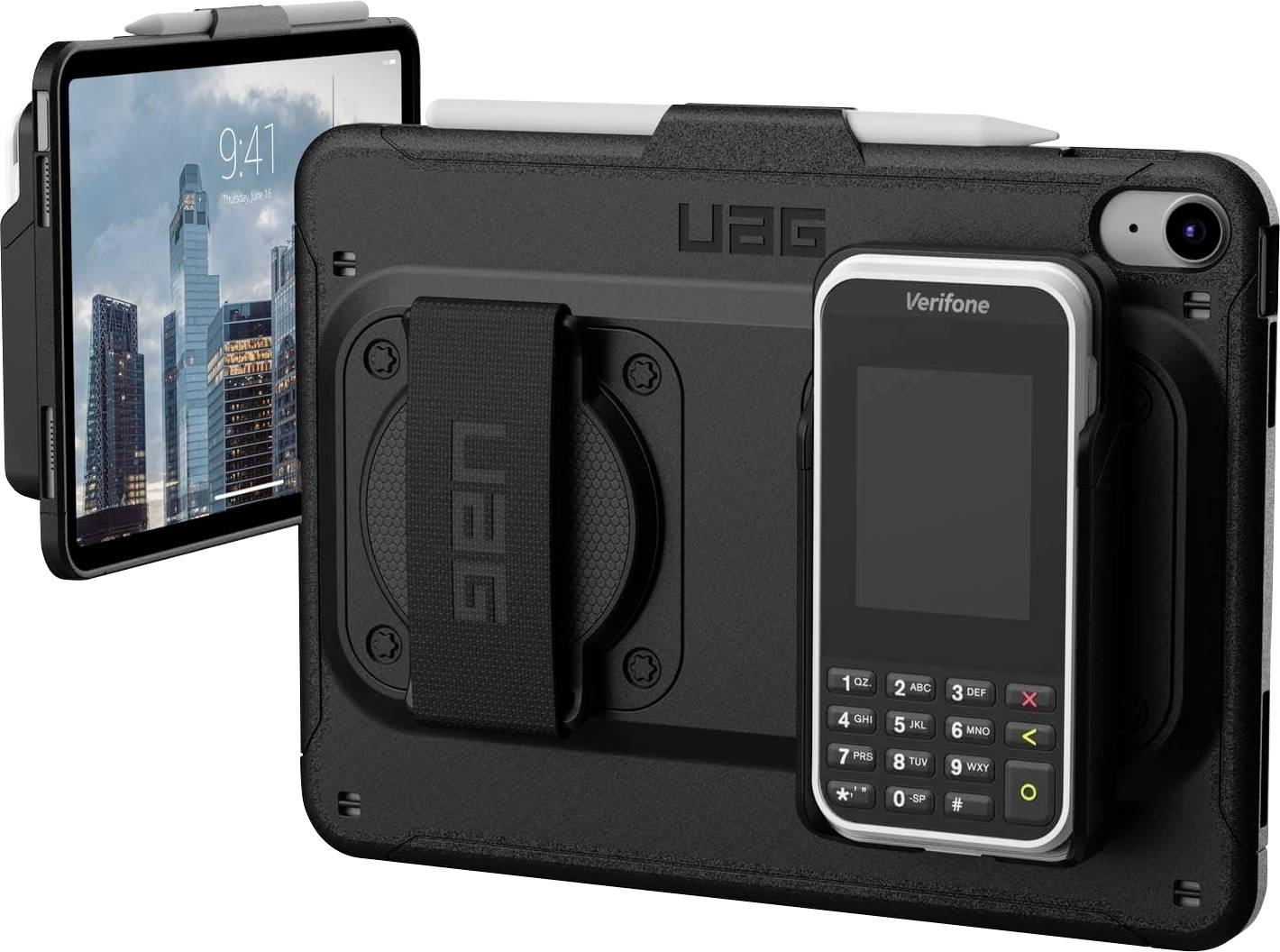 Tablet z uchwytem oraz terminalem płatniczym Verifone zamontowanym w wytrzymałej obudowie ochronnej.