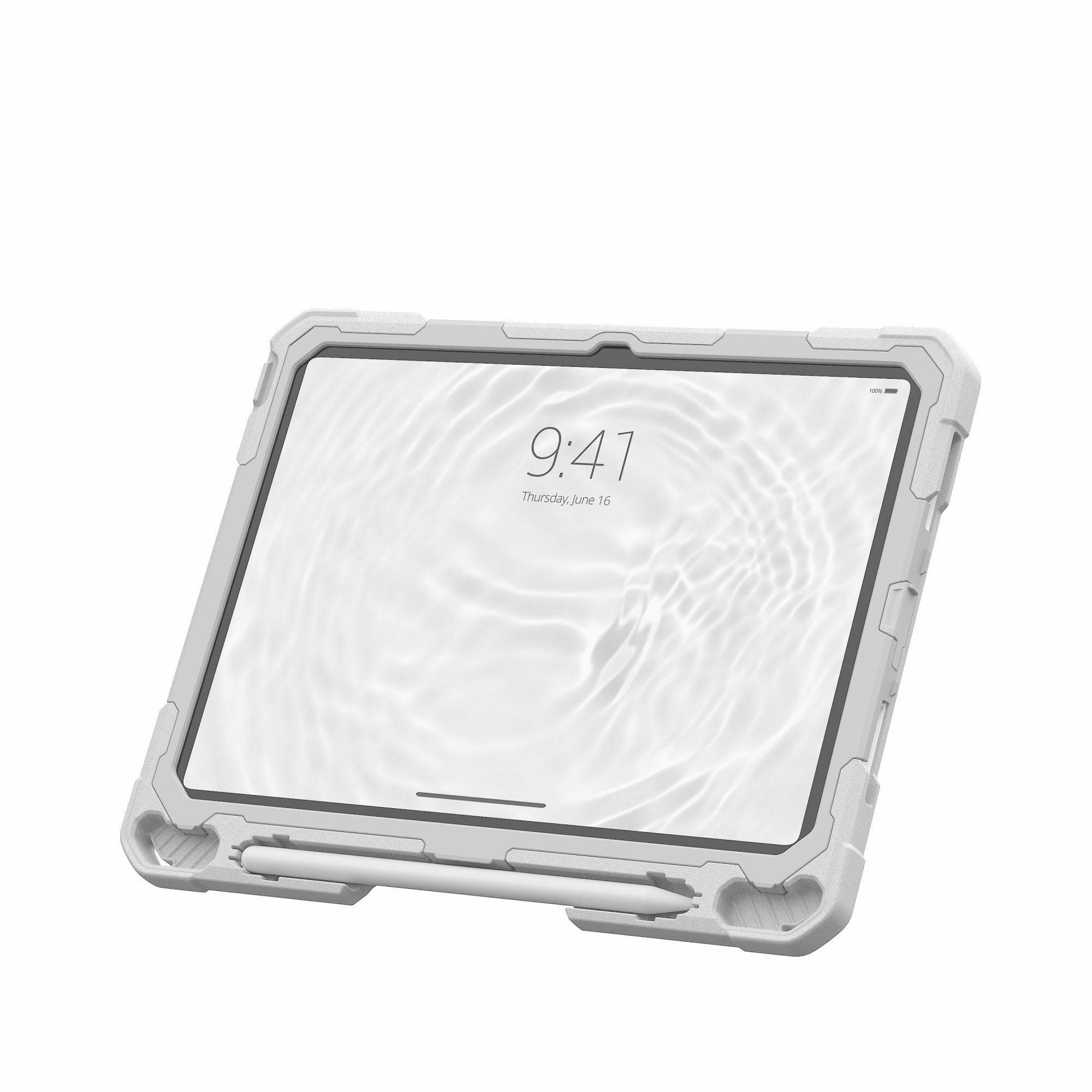 Stylizowany tablet w wytrzymałym etui ochronnym pokazuje ekran startowy z godziną 9:41 dnia 16 czerwca.