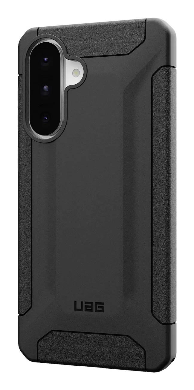 Czarna, wytrzymała etui na smartfon marki 'UAG', widok z tyłu z wycięciem na aparat i strukturalnym designem krawędzi.