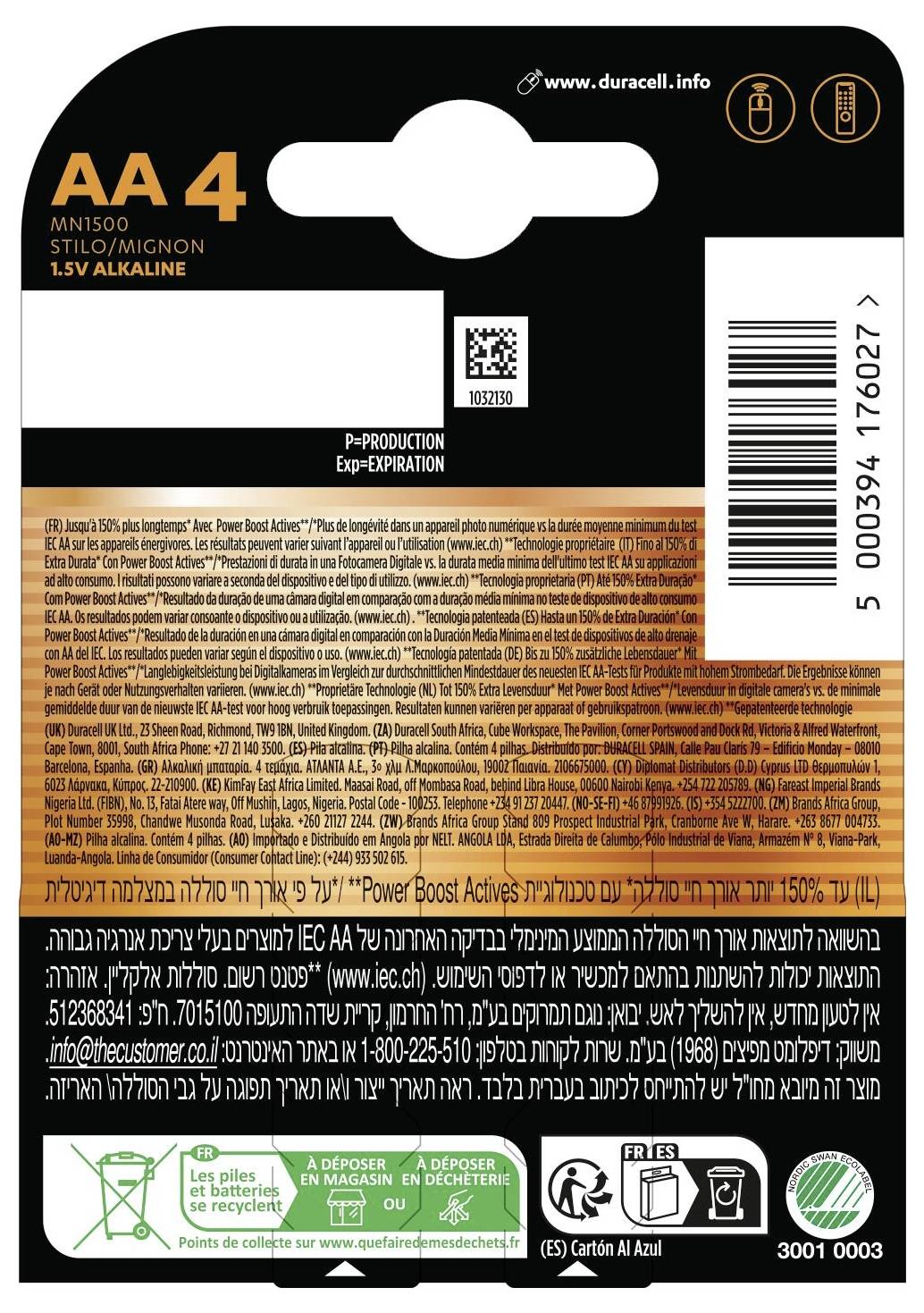 Tył opakowania baterii Duracell AA w zestawie 4-pak zawierającego informacje o produkcie, kod kreskowy i tekst wielojęzyczny.