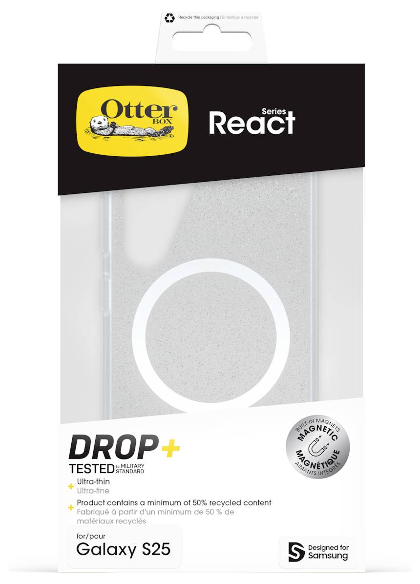 Etui OtterBox React Series dla Galaxy S25, z ochroną DROP+ i kompatybilnością magnetyczną. Zawiera 50% materiałów z recyklingu.