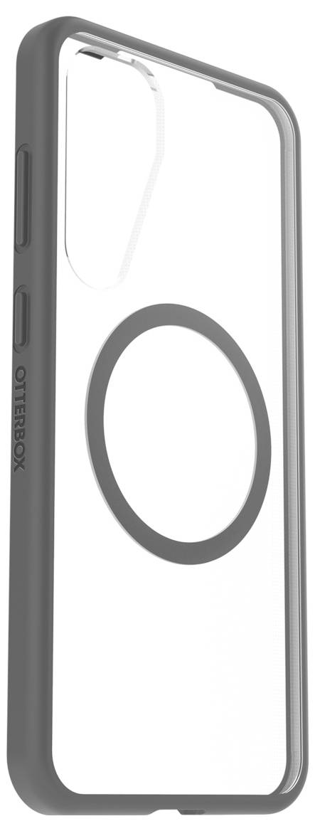 Przezroczysty pokrowiec na telefon z szarymi krawędziami i dużym obszarem magnetycznym w kształcie koła, z logo 'OtterBox' na boku.