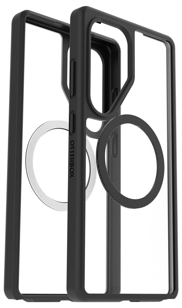 Czarno-przezroczysty pokrowiec na telefon z okrągłym uchwytem magnetycznym, przeznaczony do ochrony i kompatybilności z uchwytami magnetycznymi.