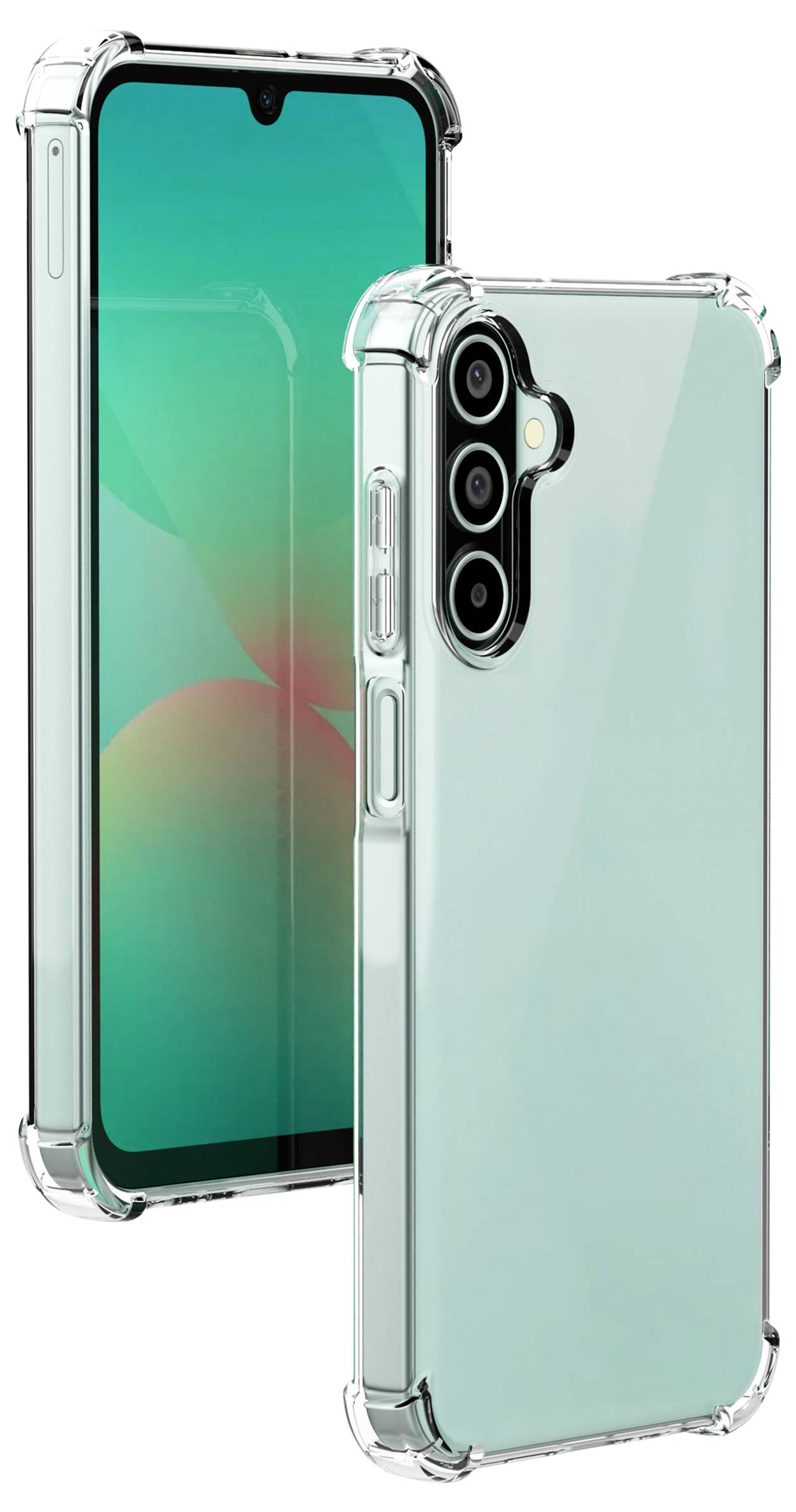 Dwa smartfony z tyłami w kolorze morskiej zieleni i przezroczystymi etui ochronnymi, prezentujące potrójny układ aparatów oraz przyciski z boku.