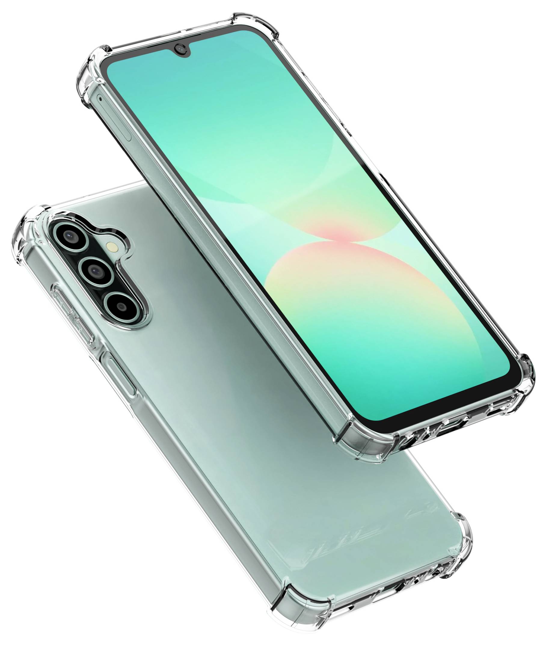 Przezroczyste etui na telefon prezentujące widok przedni i tylni smartfona, podkreślające design aparatu fotograficznego i ekranu.