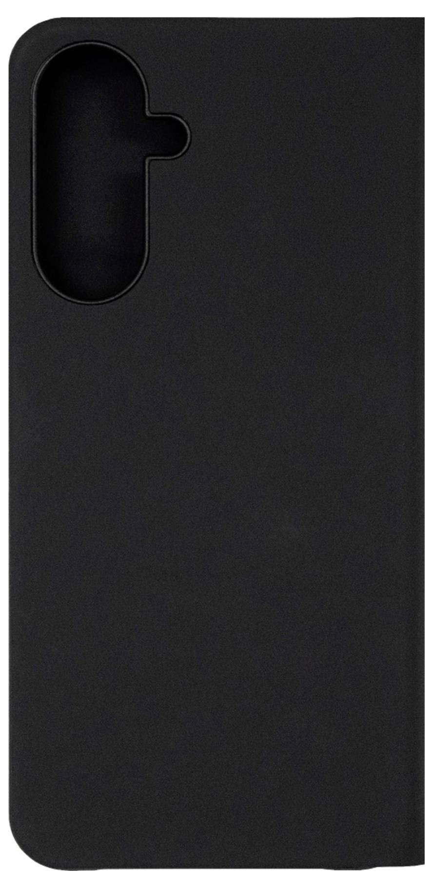 Czarny futerał na smartfona z wydłużonym pionowym wycięciem na aparat w lewym górnym rogu.