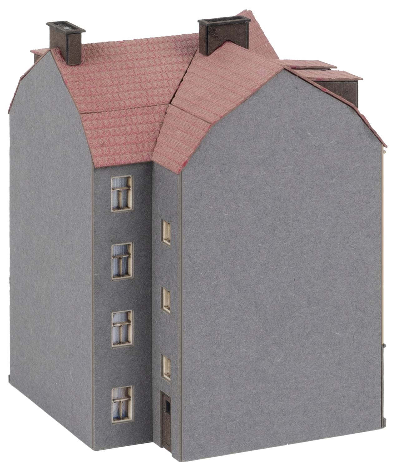 Szary budynek modelowy z czerwonym dachem dwuspadowym, trzypiętrowy, z oknami i dwoma kominami.