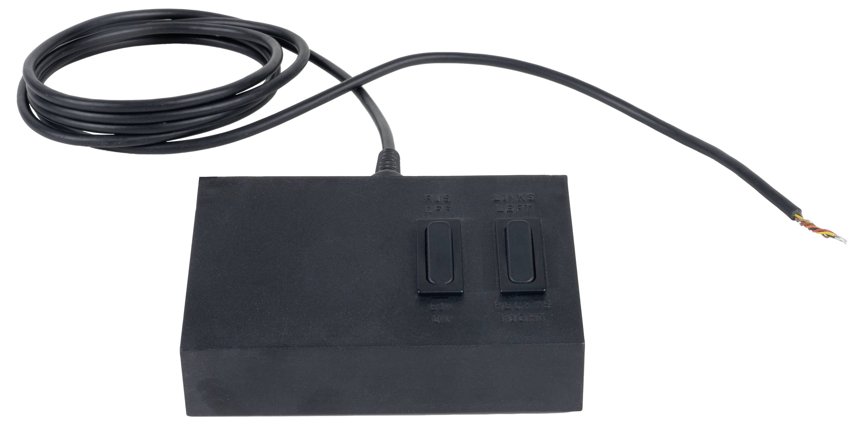 Czarna jednostka sterująca z wyłącznikiem nożnym, wyposażona w dwa przełączniki i przewód, używana do sterowania urządzeniami lub maszynami.