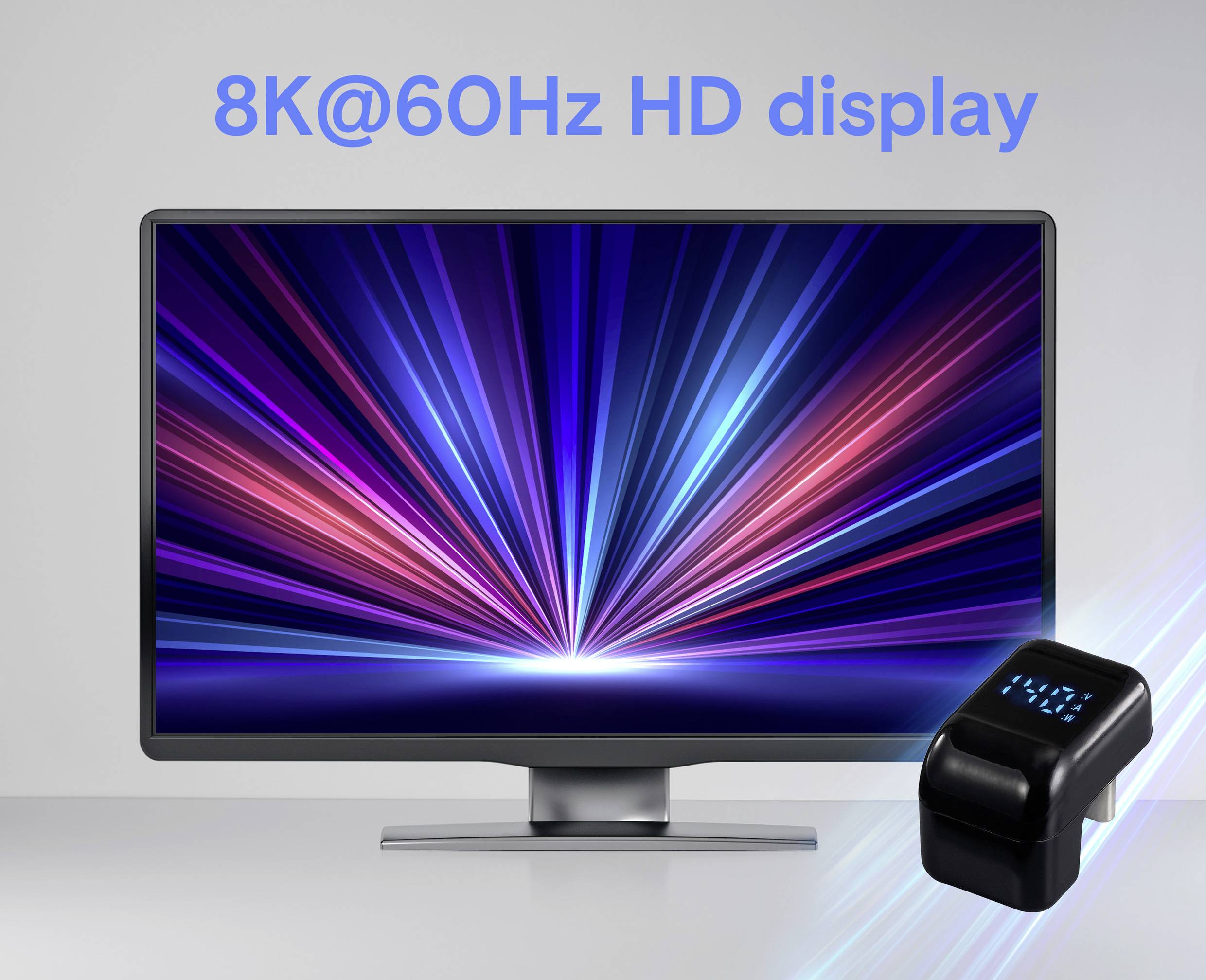 Monitor z żywą rozdzielczością 8K wyświetla kolorowe wzory świetlne. Tekst powyżej głosi: '8K@60Hz wyświetlacz HD'.