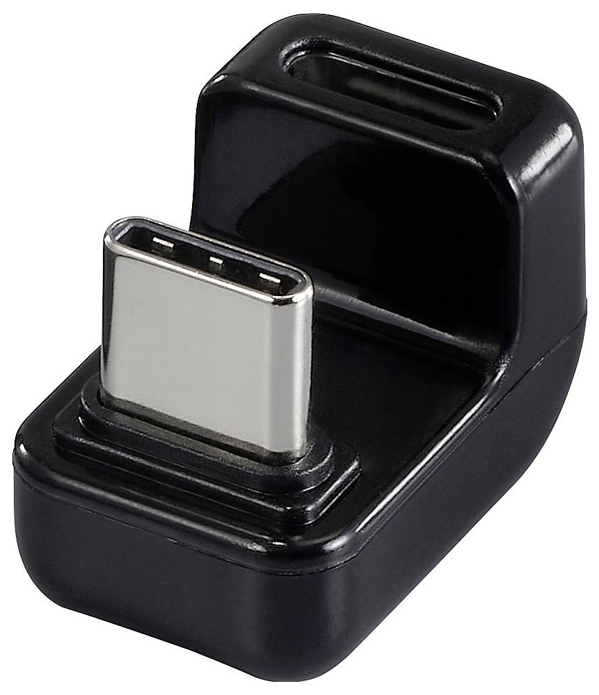 Czarny adapter USB-C z pionową wtyczką USB-C i poziomym gniazdem, zaprojektowany do połączenia na boki, na białym tle.