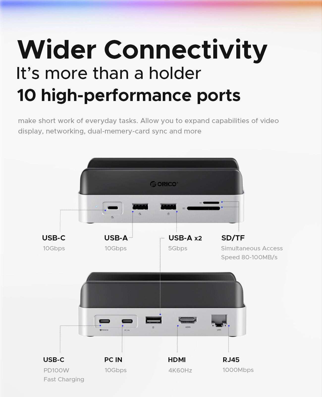 Stacja dokująca USB-C® ORICO VS10 Mini Dock Desktop Stand zintegrowany uchwyt, zintegrowany czytnik kart, złącze żeńskie-6