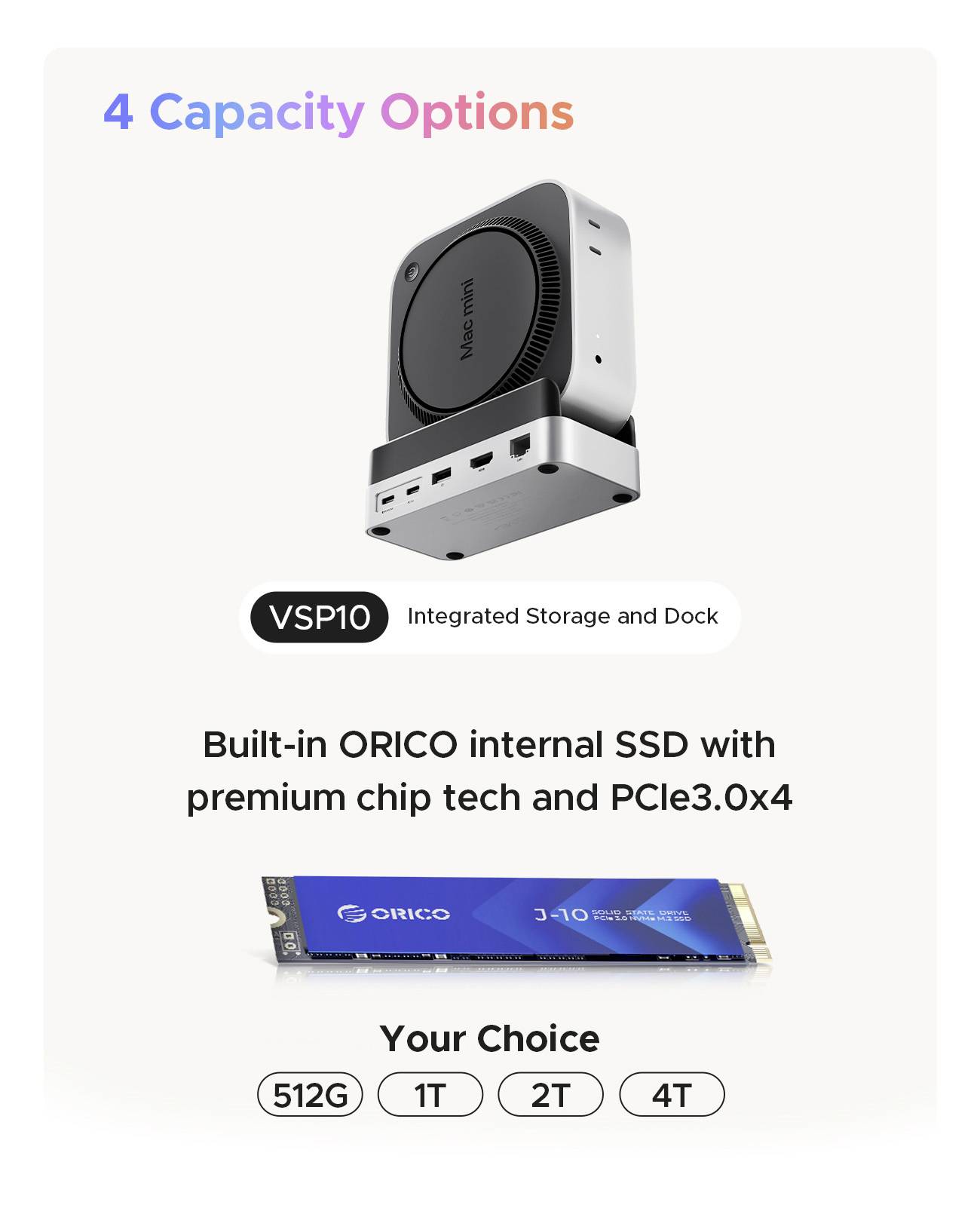 Stacja dokująca USB-C® ORICO VS10 Mini Dock Desktop Stand zintegrowany uchwyt, zintegrowany czytnik kart, złącze żeńskie-8