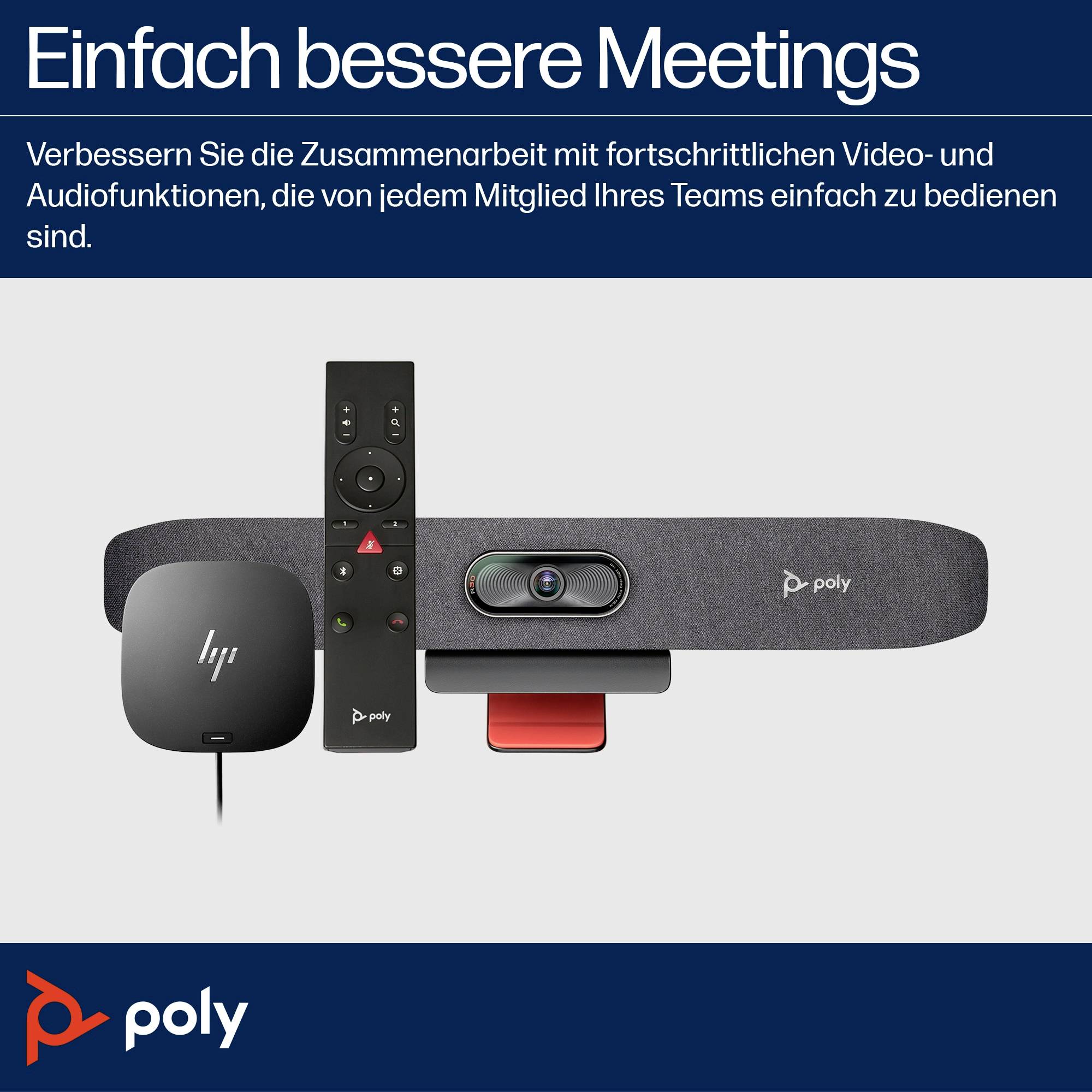 Kamera do wideokonferencji z pilotem, prezentowana przez firmę Poly, promuje poprawę współpracy zespołowej dzięki nowoczesnym funkcjom wideo i audio.