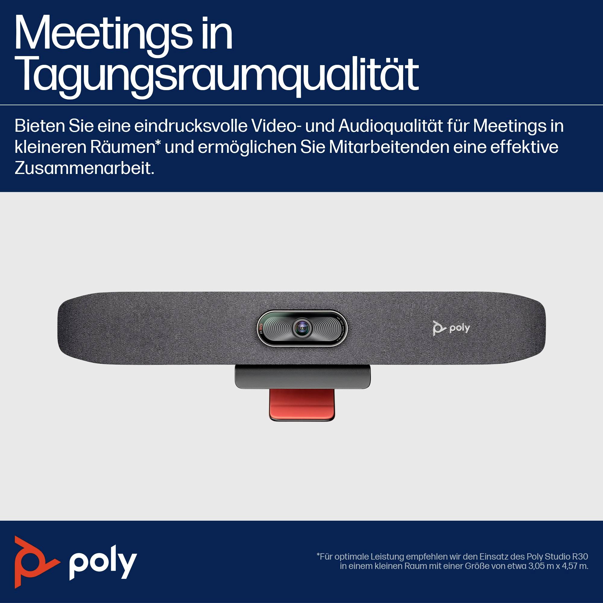 Spotkania w najwyższej jakości sali konferencyjnej<br><br>[Obraz z kamerą wideokonferencyjną]<br><br>Podnoszący jakość spotkań dzięki kamerze Poly Studio R30