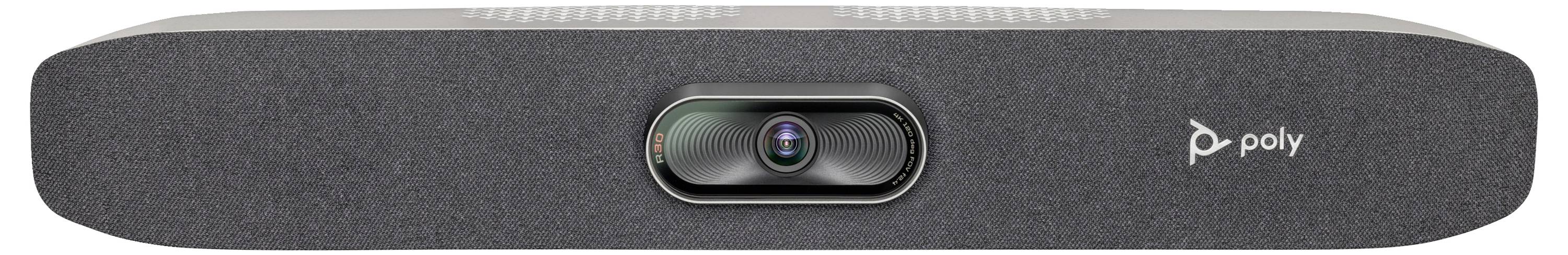 Czarne urządzenie wideokonferencyjne firmy Poly z kamerą pośrodku, przeznaczone do profesjonalnych wideokonferencji i współpracy.