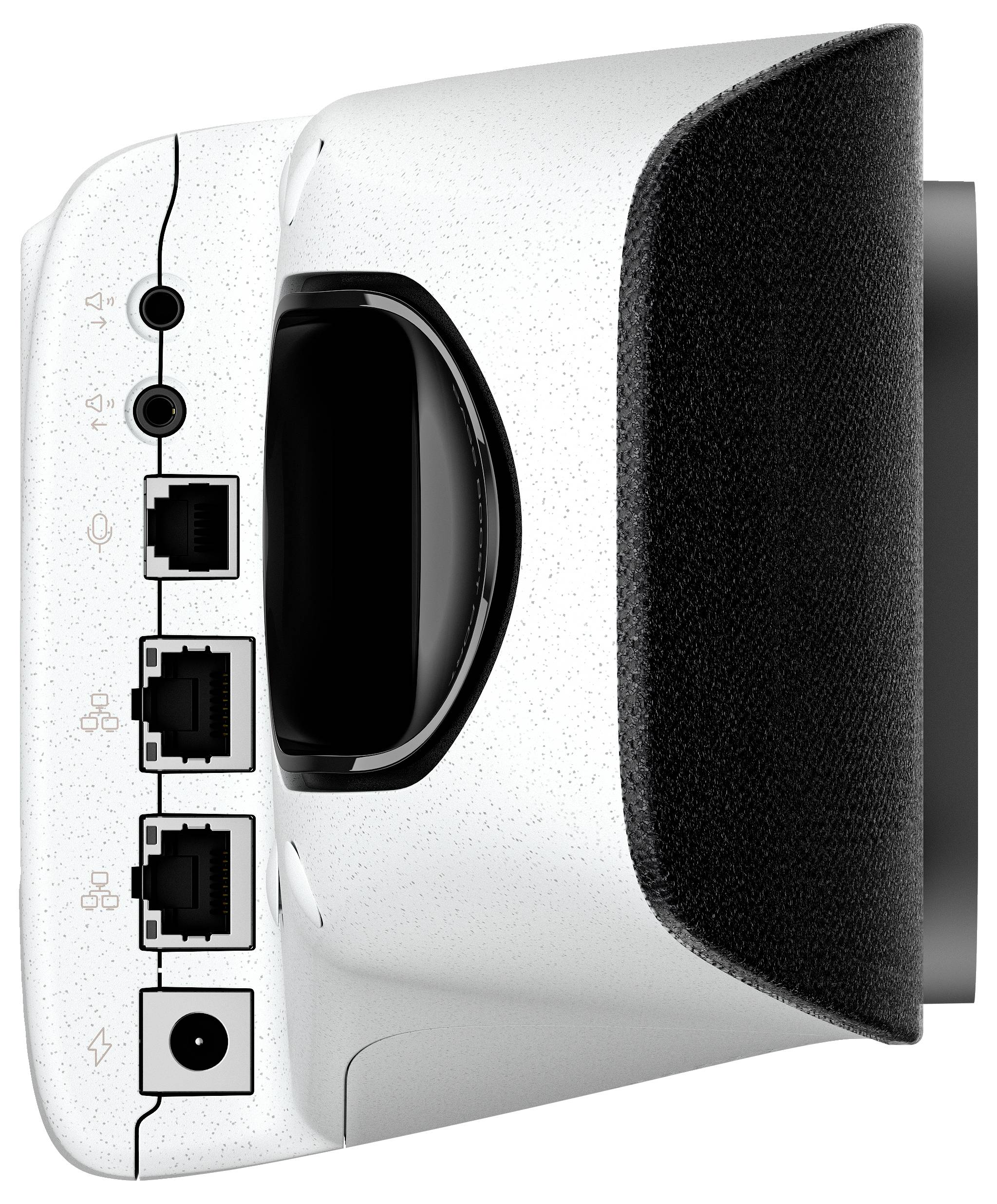Urządzenie z gniazdami: dwa porty Ethernet, gniazdo audio, złącze zasilania. Czarny przód głośnika, widok z boku.