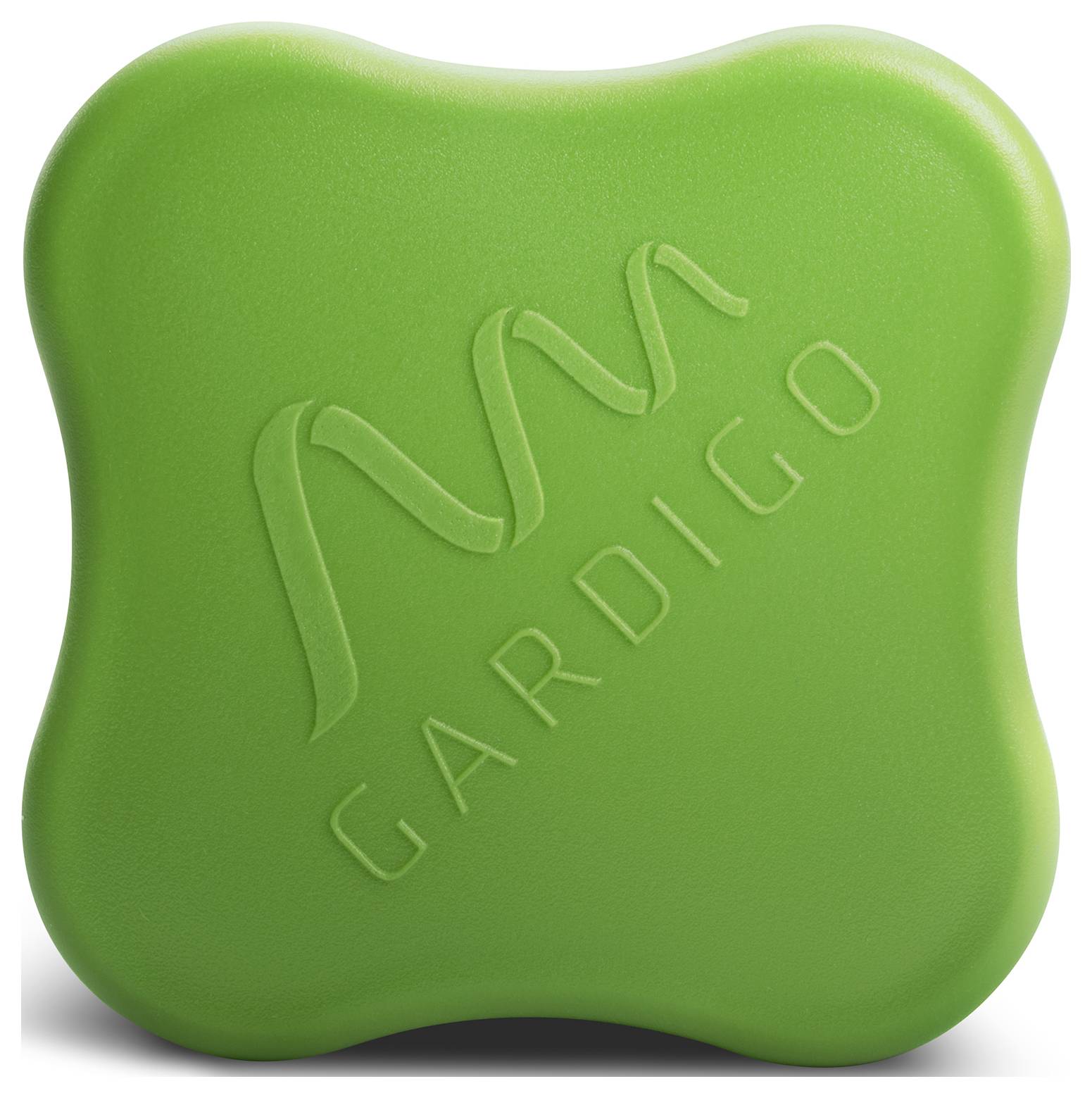 Zielony kwadratowy przyrząd o zaokrąglonych narożnikach z nazwą marki 'Gardigo' na przedniej stronie.