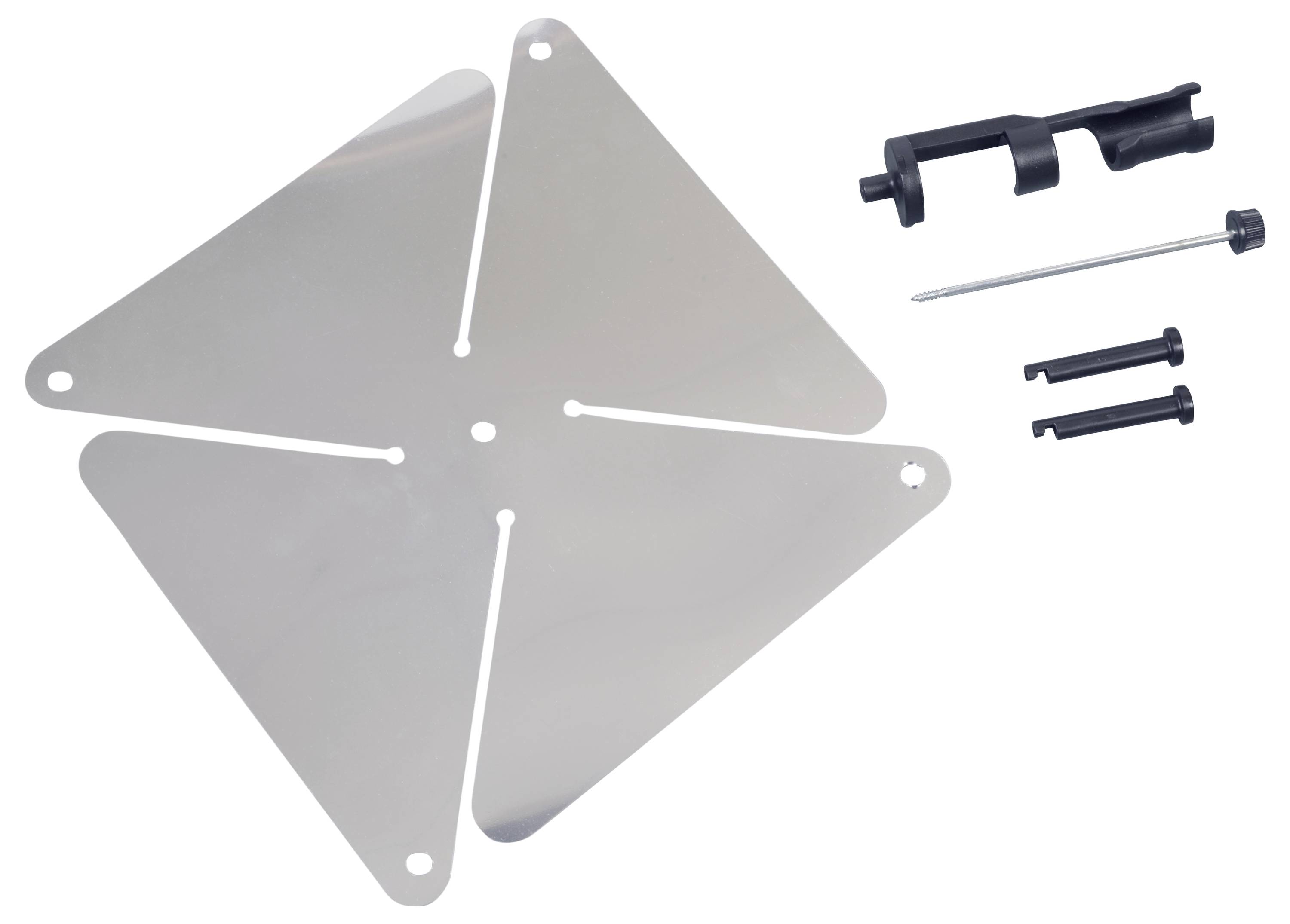 Metalowy zestaw akcesoriów do mocowania namiotów, składający się z czterech trójkątnych płyt i kilku elementów mocujących.