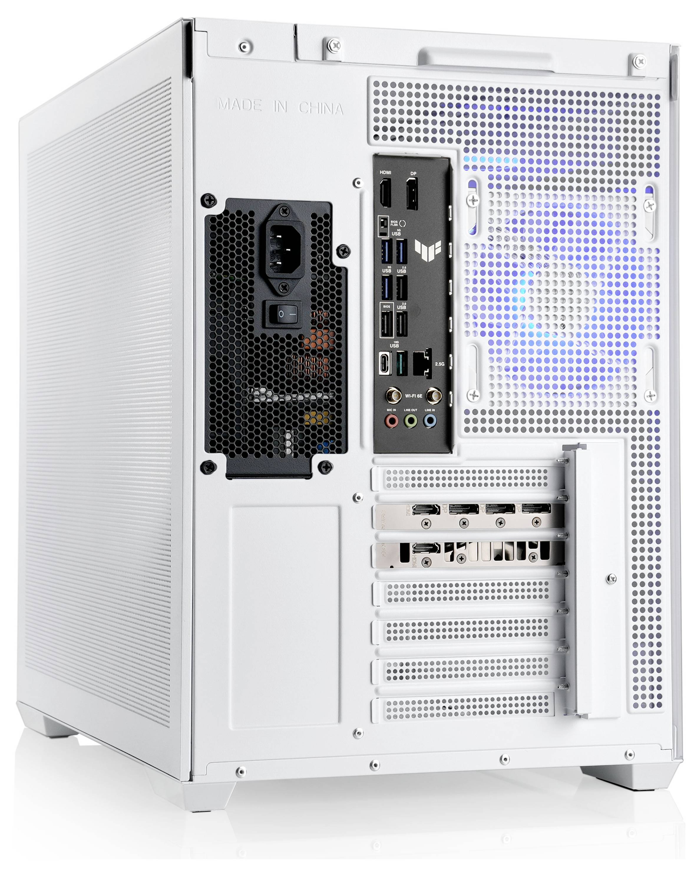 Biała obudowa komputera PC z wieloma portami i gniazdami z tyłu, w tym USB, HDMI oraz złączami audio. Wewnątrz widoczne jest niebieskie światło.