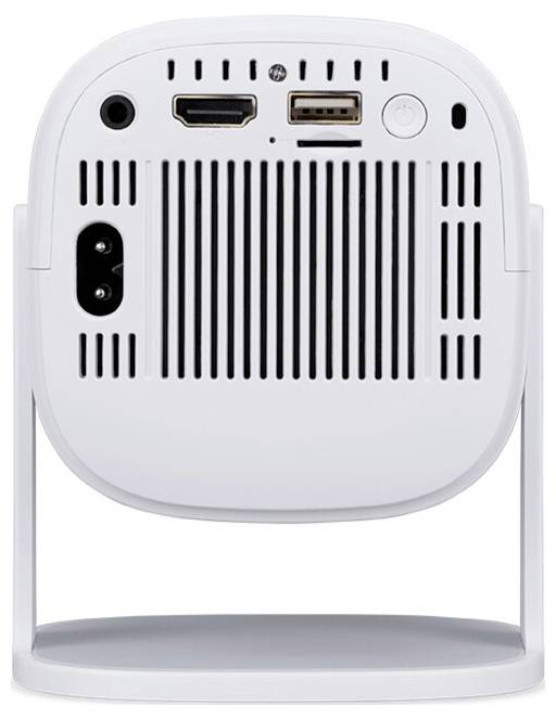 Widok z tyłu białego urządzenia elektronicznego z portami HDMI, USB, przyciskiem zasilania i otworami wentylacyjnymi, na podstawce.