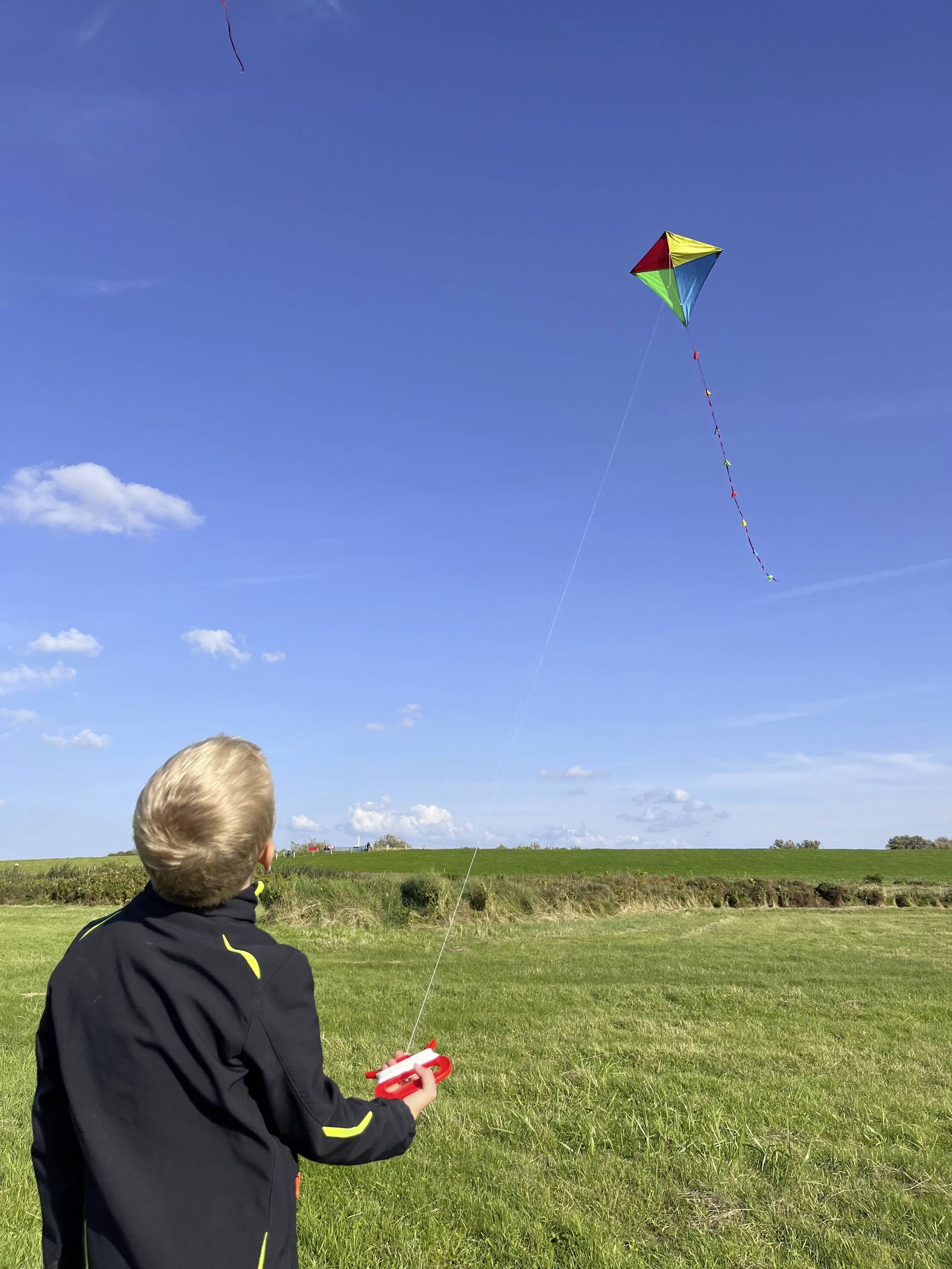 Dziecko ze złotymi włosami puszcza kolorowego smoka na zielonej łące. Niebo jest błękitne, z nielicznymi chmurkami.