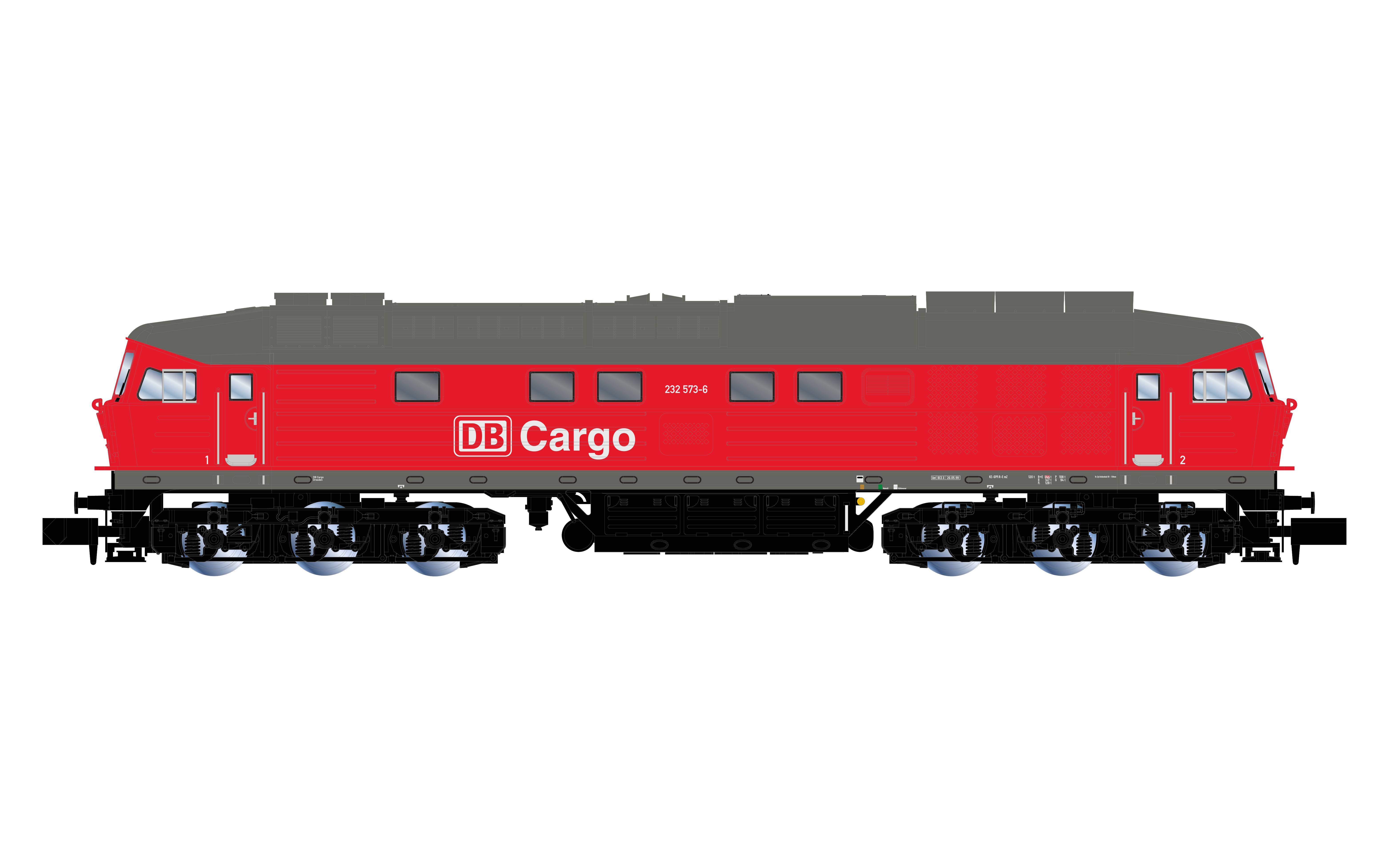 Czerwona lokomotywa DB Cargo widziana z boku, z czarnym dachem i podwoziem, na białym tle.