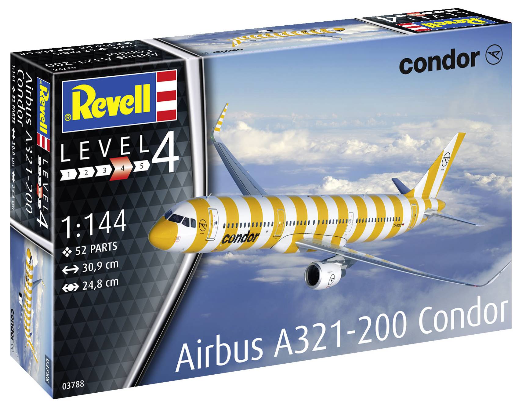 Opakowanie zestawu modelarskiego 'Airbus A321-200 Condor' firmy Revell, skala 1:144, zawiera 52 elementy, wymiary: 30,9 cm x 24,8 cm.