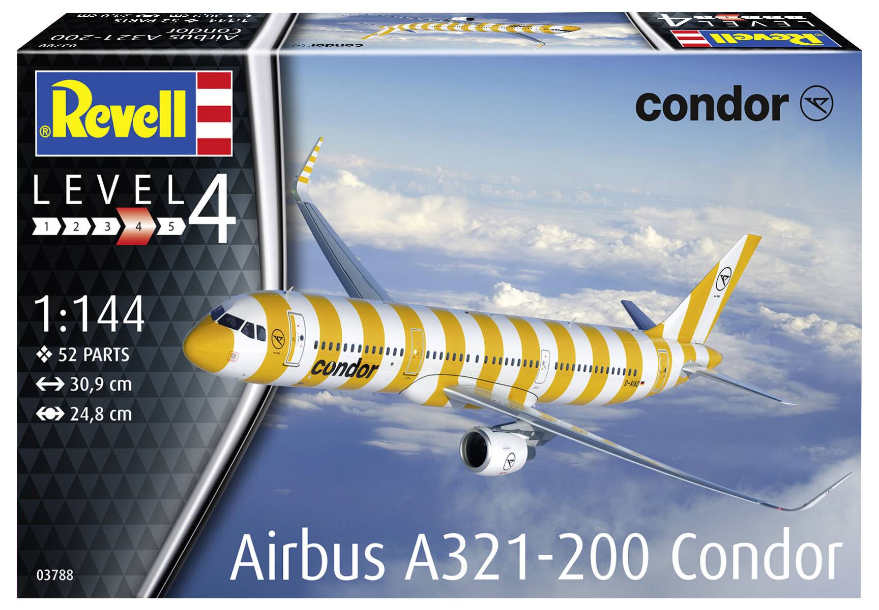 Zestaw modelarski firmy Revell, poziom 4, samolotu Airbus A321-200 Condor w żółto-białe paski, skala 1:144, 52 elementy.