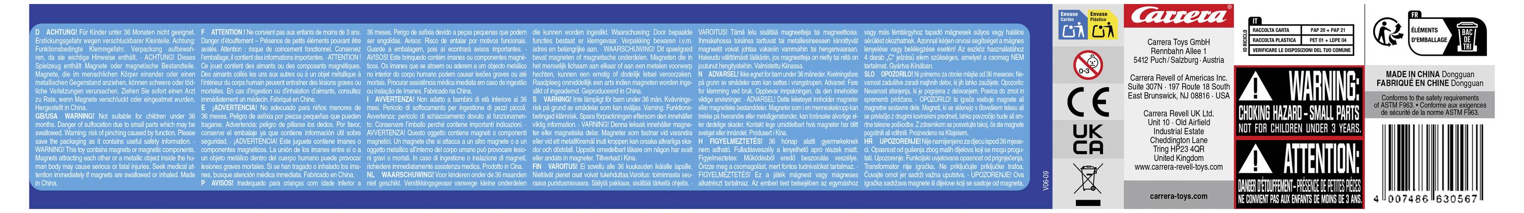 Opakowanie z informacjami dotyczącymi bezpieczeństwa i ostrzeżeniami dla zabawki Carrera. Prezentuje certyfikaty CE i UKCA oraz ostrzeżenia wiekowe.