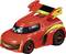 Czerwony samochodzik zabawkowy z dużymi oczami na przedniej szybie oraz czarnym logo Batmana na kołach, z żółtymi i czarnymi elementami.