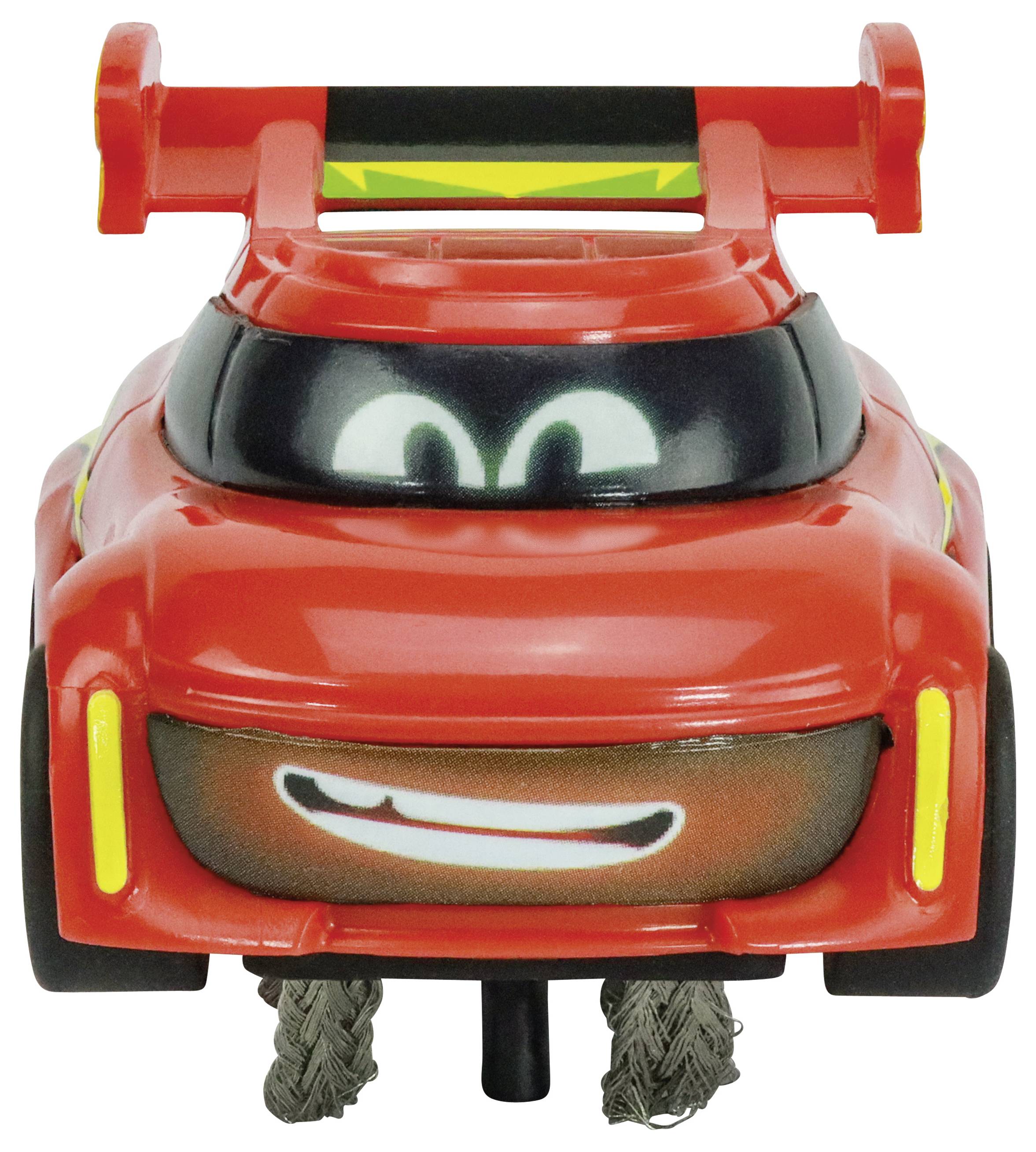 Czerwony samochodzik zabawkowy z wesołą buzią, dużymi oczami i szerokim uśmiechem z przodu.