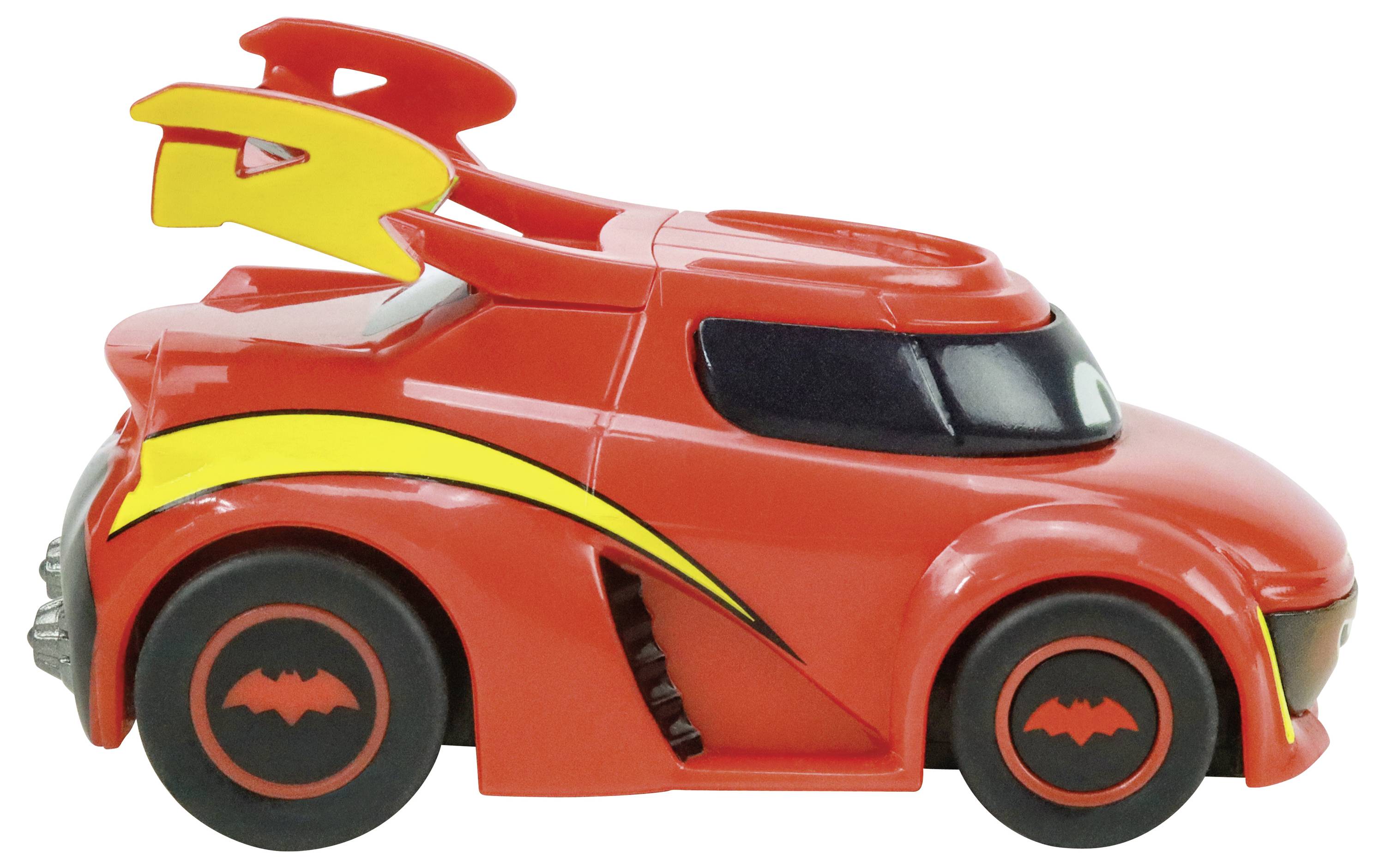 Czerwony samochodzik zabawkowy z żółtym paskiem i czarnymi kołami z czerwoną obwódką, wyglądający stylistycznie jak wyścigówka.