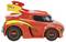 Czerwony samochodzik zabawkowy z żółtym paskiem i czarnymi kołami z czerwoną obwódką, wyglądający stylistycznie jak wyścigówka.