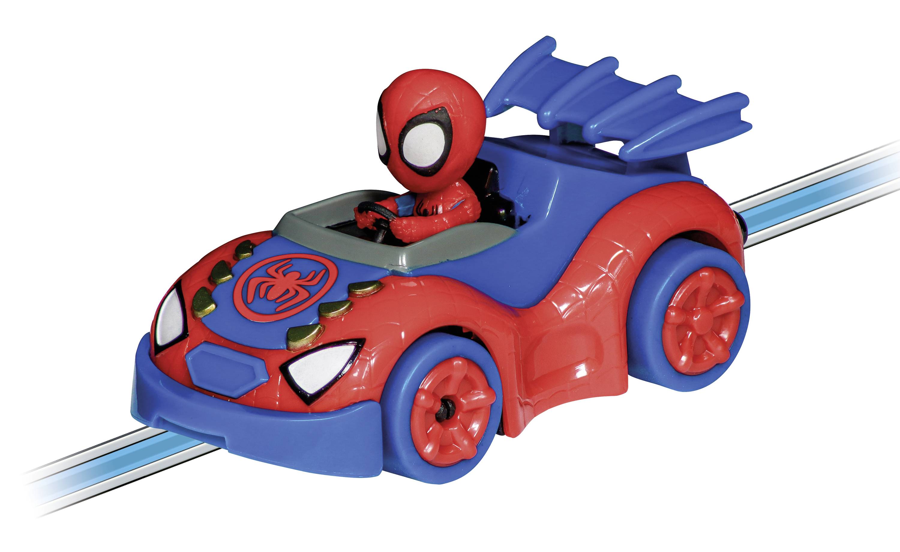 Czerwony i niebieski samochodzik zabawkowy z motywem superbohatera, na którym siedzi postać w masce.