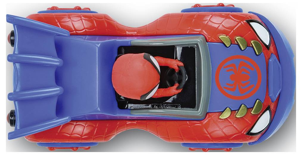 Zabawkowy samochodzik w stylu superbohatera z czerwono-niebieskim malowaniem, z symbolem pająka na masce, widziany z góry.