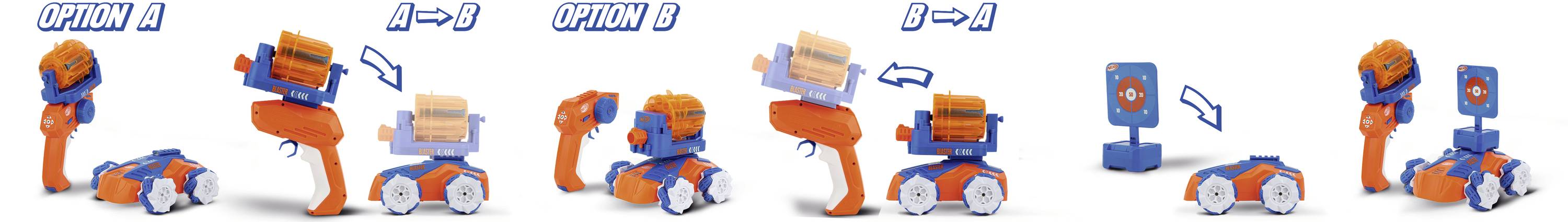 "Opcja A": Zabawkowy samochód zdalnie sterowany. "Opcja B": Zabawkowy dron. Obie opcje mogą się przekształcić w drugi model.