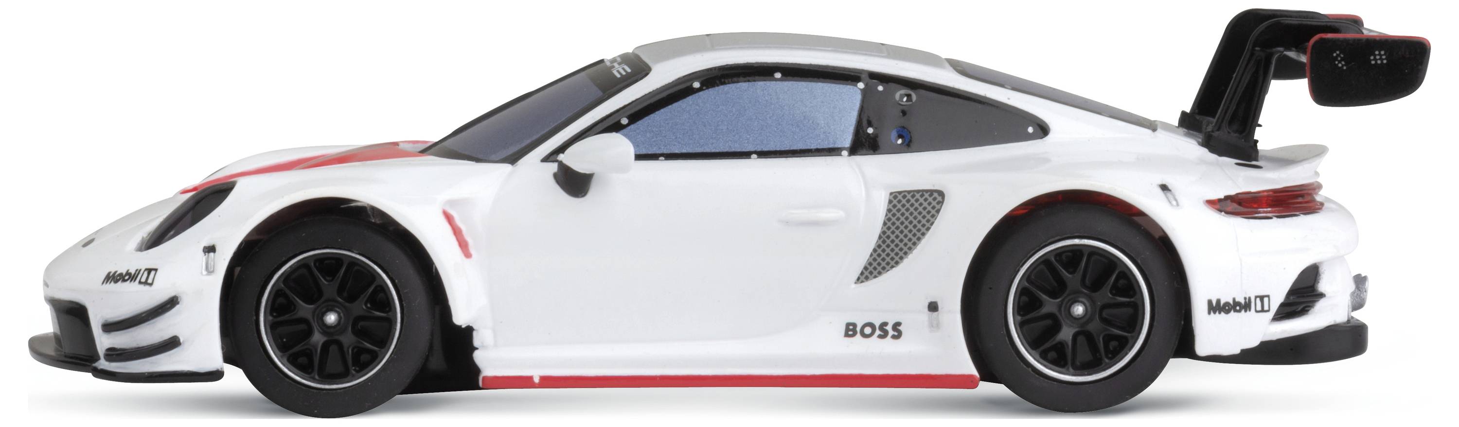 Białe autko zabawkowe w stylu wyścigowym z czarnymi kołami i dużym tylnym skrzydłem, widziane z boku.