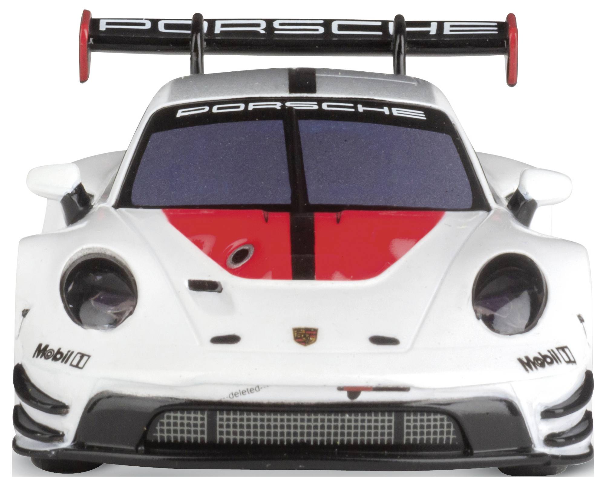 Biały i czerwony samochód wyścigowy widziany z przodu, z napisem 'Porsche' na tylnym spoilerze i przedniej szybie.
