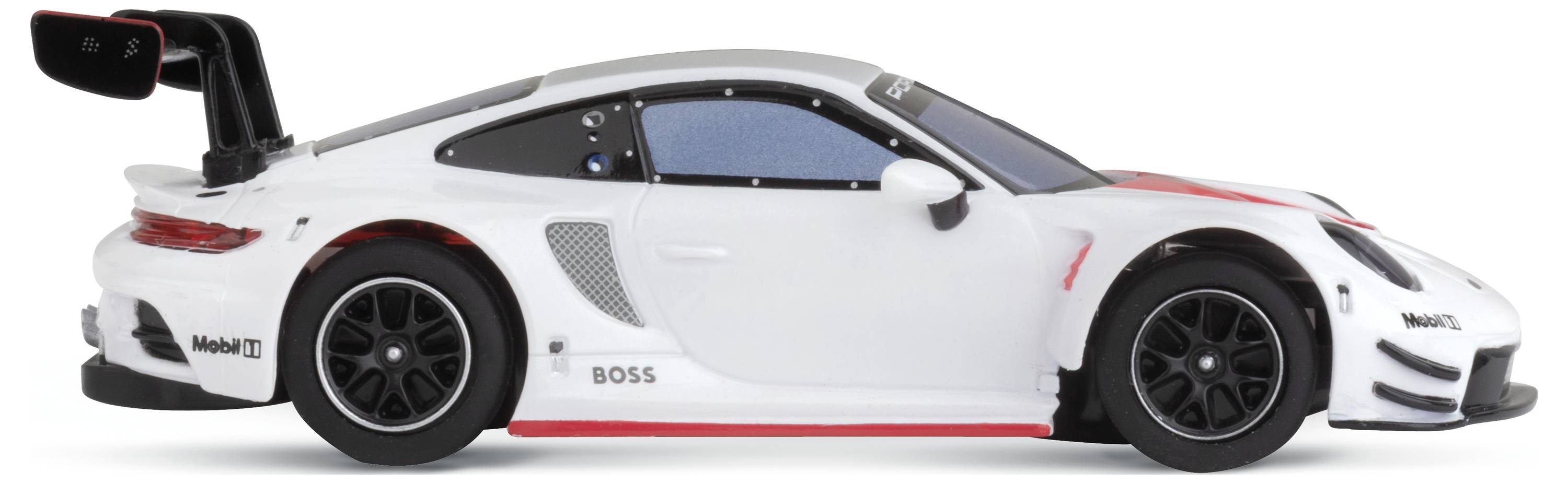 Białe autko zabawkowe z czarnymi felgami i spoilerem, opatrzone logo, sfotografowane z boku na białym tle.