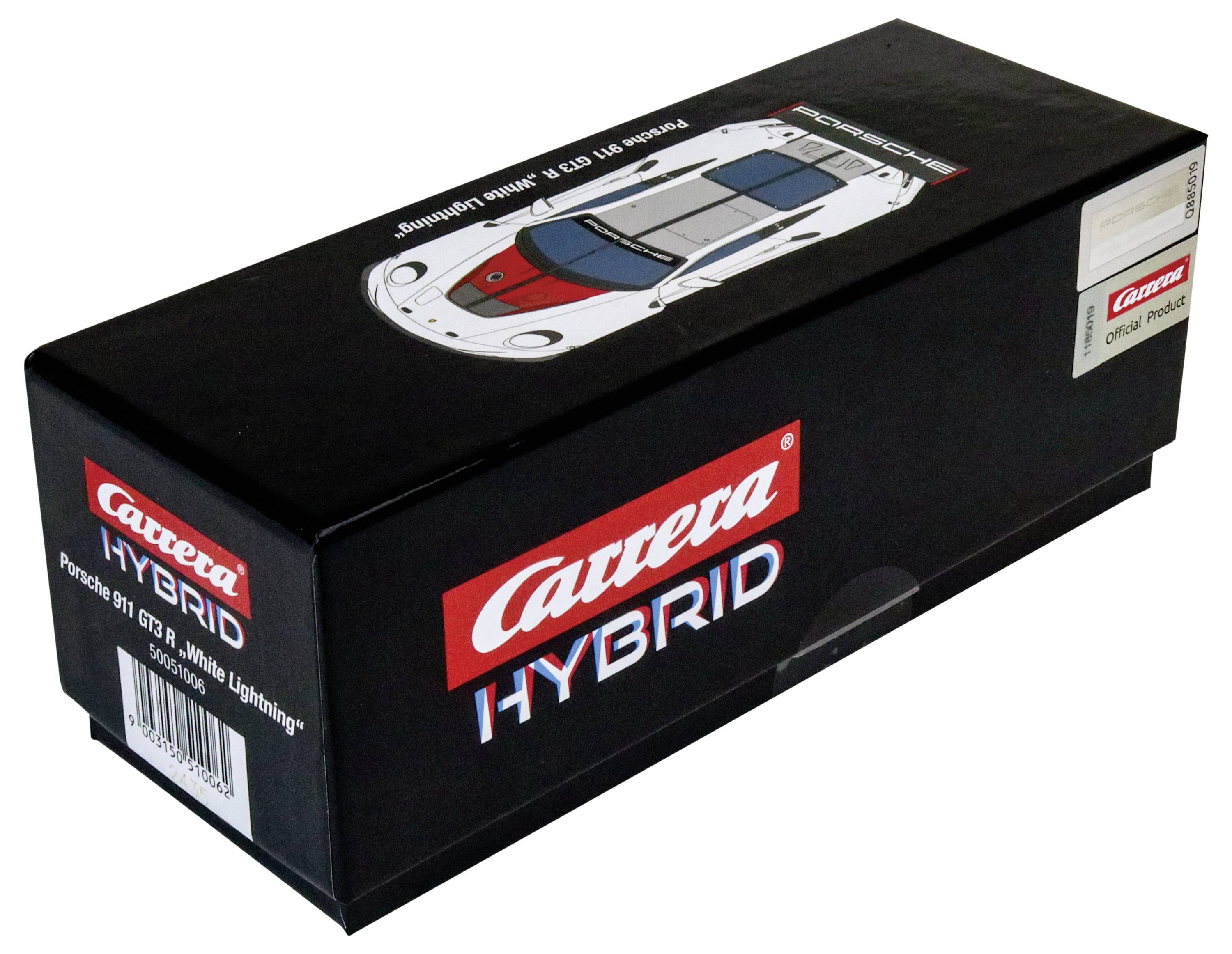 Czarna opakowanie modelu samochodu zabawkowego Carrera Hybrid 'Porsche 911 GT3 R, White Lightning' z ilustracją samochodu na opakowaniu.