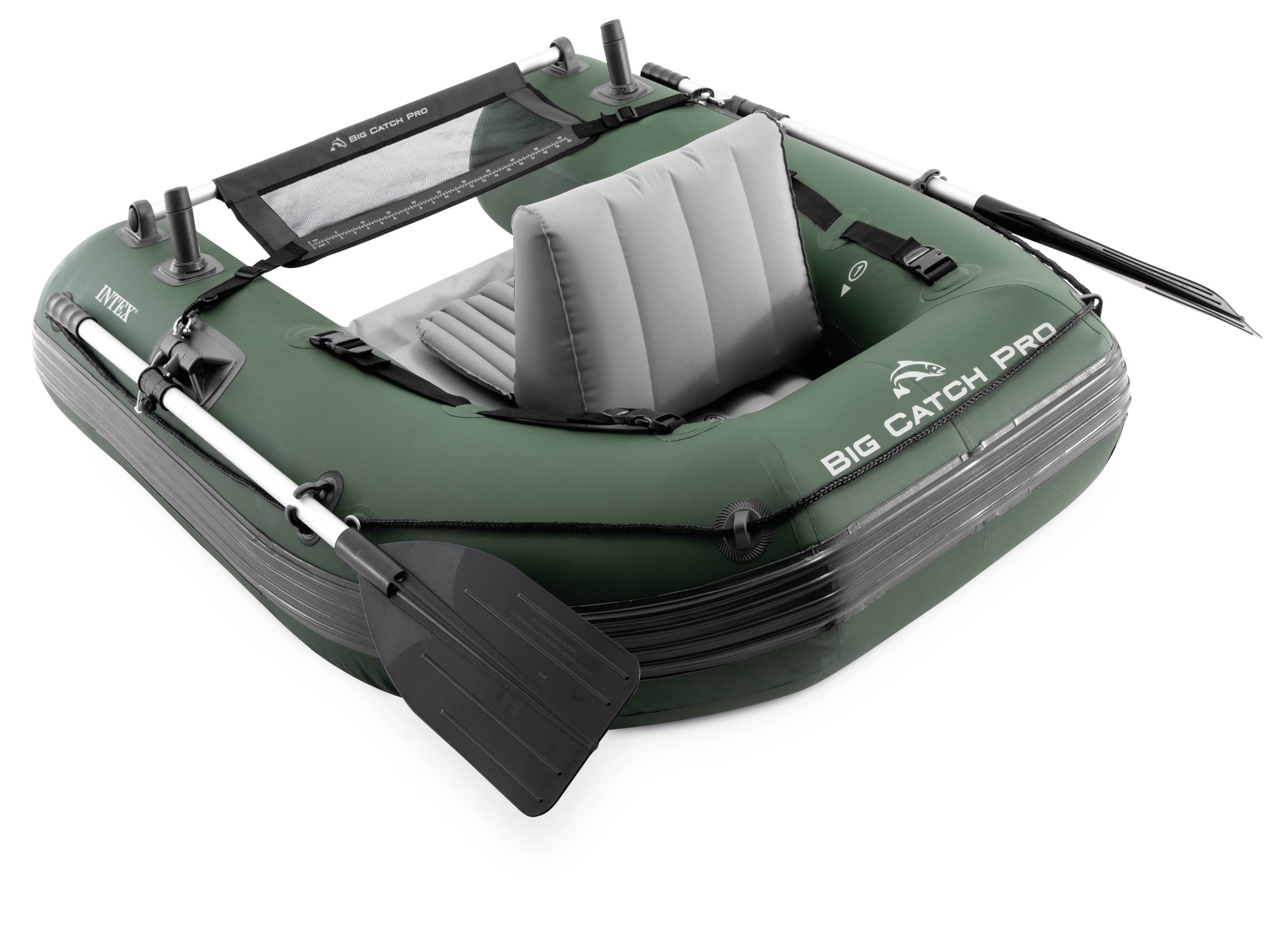 Dmuchana zielona łódź pneumatyczna z siedzeniem i wiosłami, oznaczona napisem 'Big Catch Pro', doskonale nadająca się do wypraw wędkarskich.