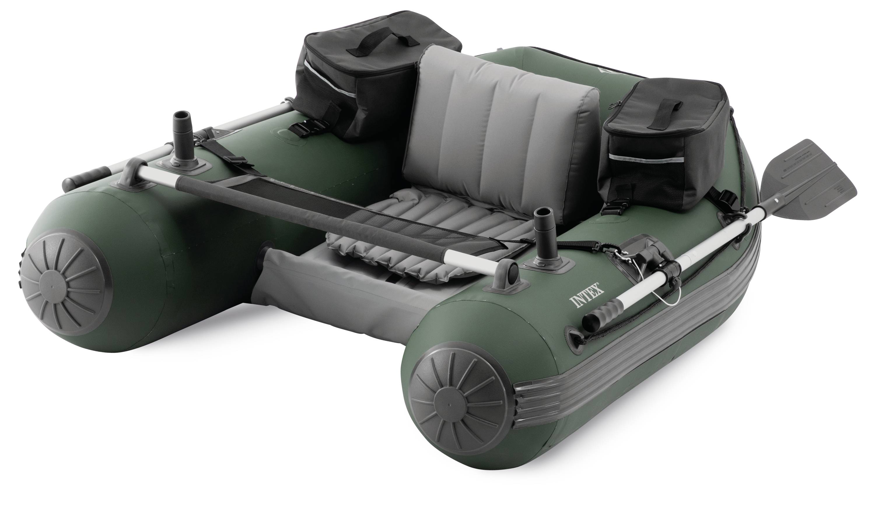 Zielona ponton z dwoma wiosłami, dwoma czarnymi torbami i szarymi siedzeniami. Idealny do rekreacyjnych rejsów po jeziorach lub spokojnych akwenach.