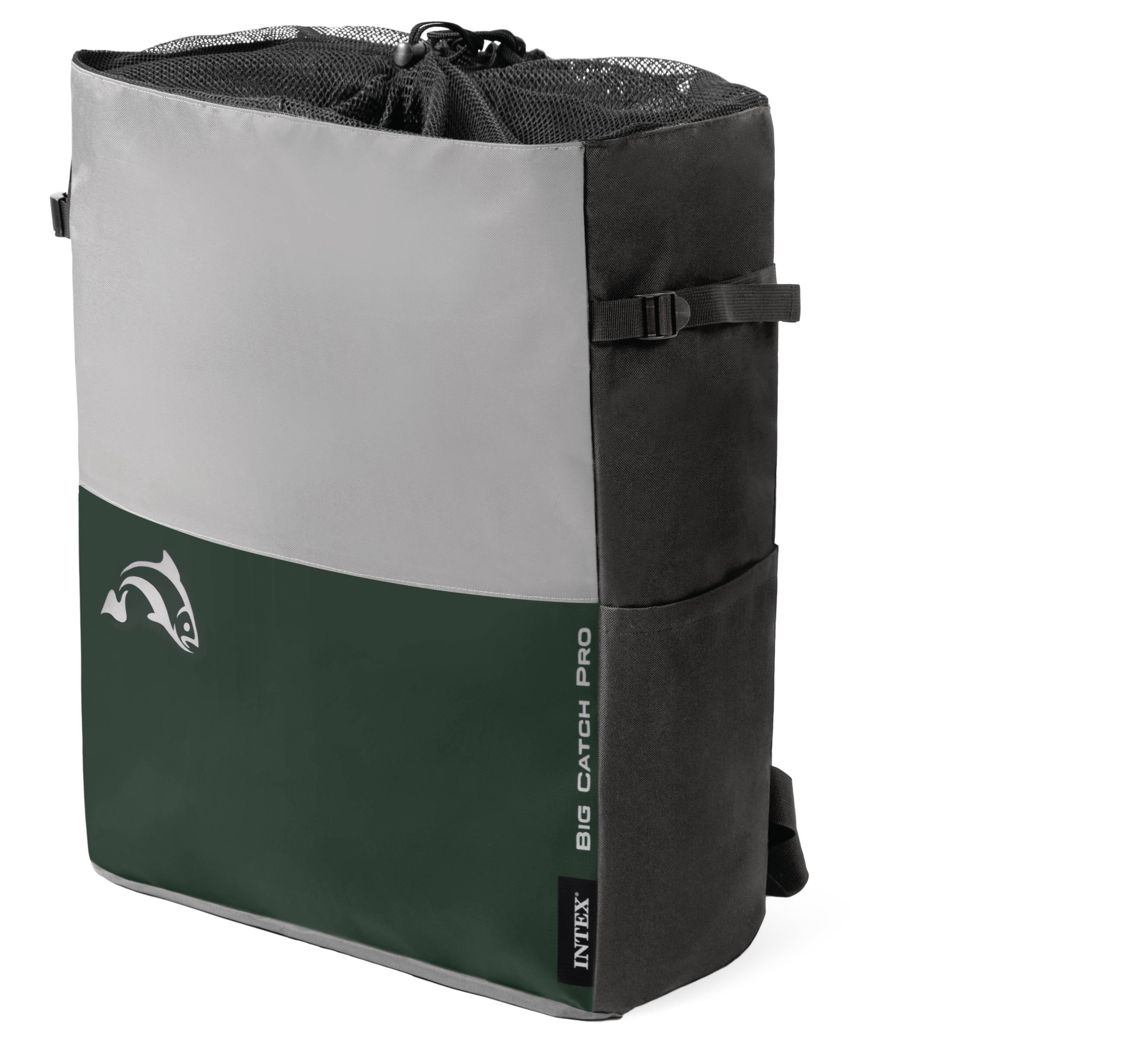 Torba na ramię z symbolem ryby i napisem 'Big Catch Pro', w kolorze czarno-szarym, z zamknięciem sieciowym i regulowanymi paskami.