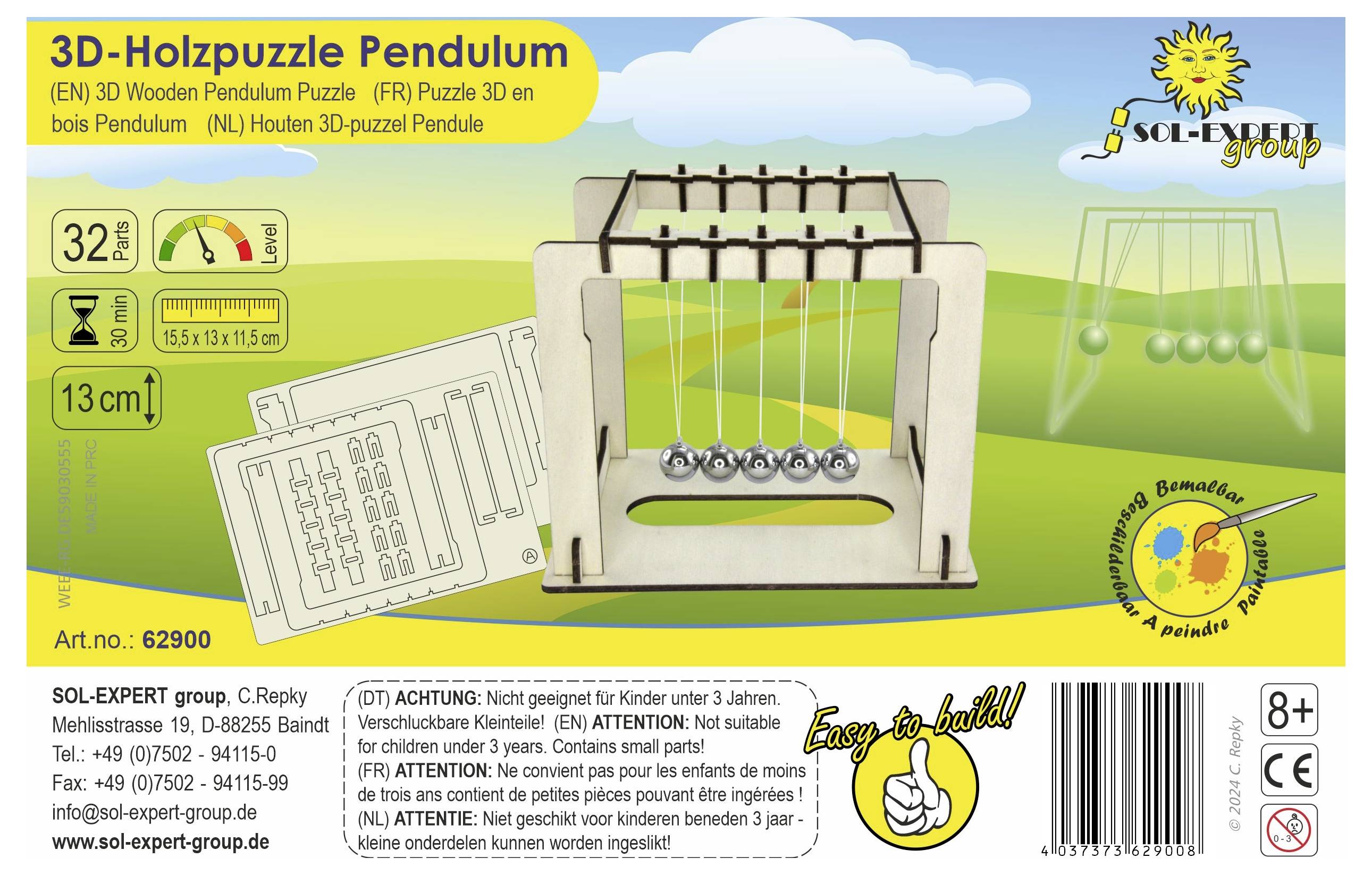 Opakowanie '3D-puzzle drewniane Wahadło' z ilustracją 3D-wahadła, zalecane dla dzieci od lat 3. Zawiera ostrzeżenia i informacje producenta.