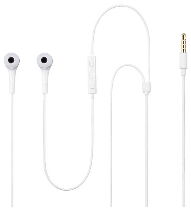 Białe słuchawki przewodowe z wtykiem jack 3,5 mm, wyposażone w przyciski sterowania głośnością i odtwarzaniem.